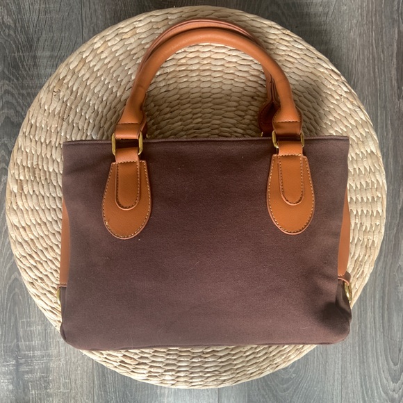 Brown canvas and camel vegan leather small tote bag - Picture 4 of 8